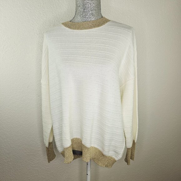 Vince Camuto Metallic Ribbed Cozy White & Gold Sweater - Picture 1 of 7